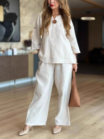 Women’s Linen-Look Tunic Co-Ord – Breathable Three-Quarter Sleeve Top and Wide-Leg Trousers for Travel