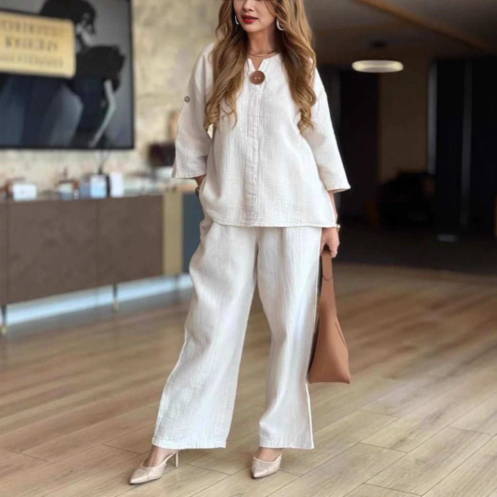 Women’s Linen-Look Tunic Co-Ord – Breathable Three-Quarter Sleeve Top and Wide-Leg Trousers for Travel