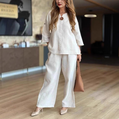 Women’s Linen-Look Tunic Co-Ord – Breathable Three-Quarter Sleeve Top and Wide-Leg Trousers for Travel