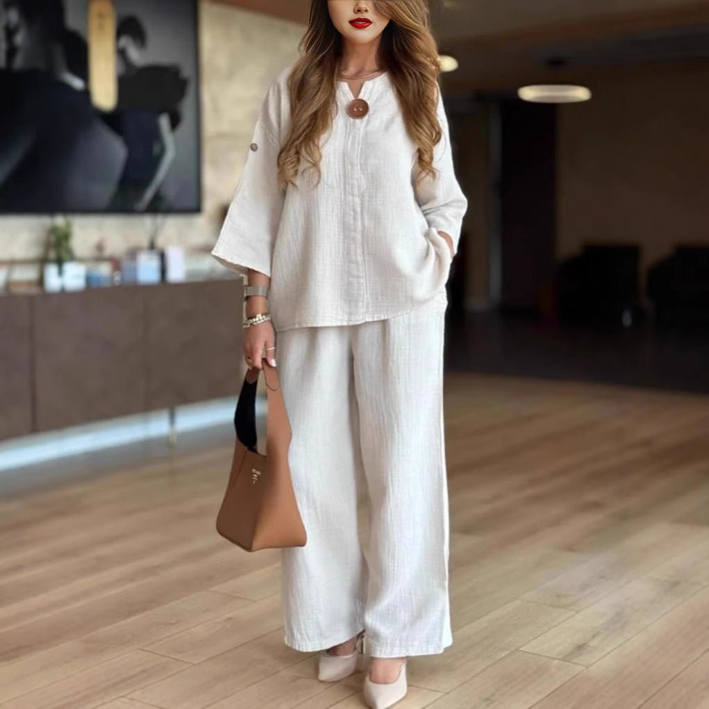 Women’s Linen-Look Tunic Co-Ord – Breathable Three-Quarter Sleeve Top and Wide-Leg Trousers for Travel