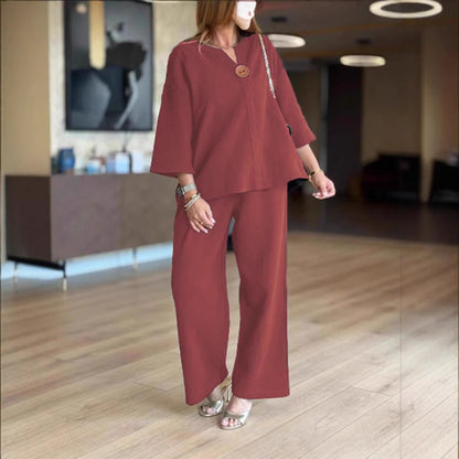 Women’s Linen-Look Tunic Co-Ord – Breathable Three-Quarter Sleeve Top and Wide-Leg Trousers for Travel