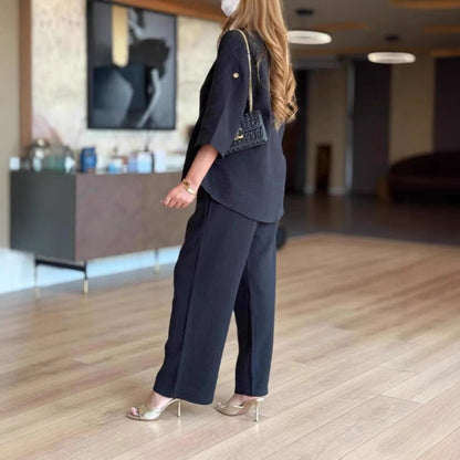 Women’s Linen-Look Tunic Co-Ord – Breathable Three-Quarter Sleeve Top and Wide-Leg Trousers for Travel