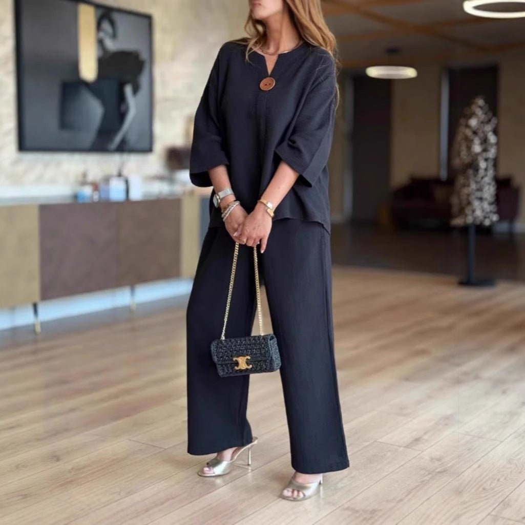 Women’s Linen-Look Tunic Co-Ord – Breathable Three-Quarter Sleeve Top and Wide-Leg Trousers for Travel