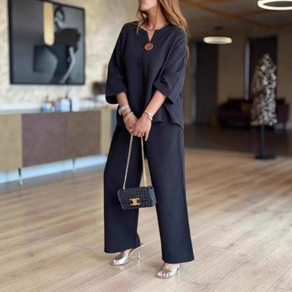 Women’s Linen-Look Tunic Co-Ord – Breathable Three-Quarter Sleeve Top and Wide-Leg Trousers for Travel