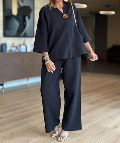 Women’s Linen-Look Tunic Co-Ord – Breathable Three-Quarter Sleeve Top and Wide-Leg Trousers for Travel