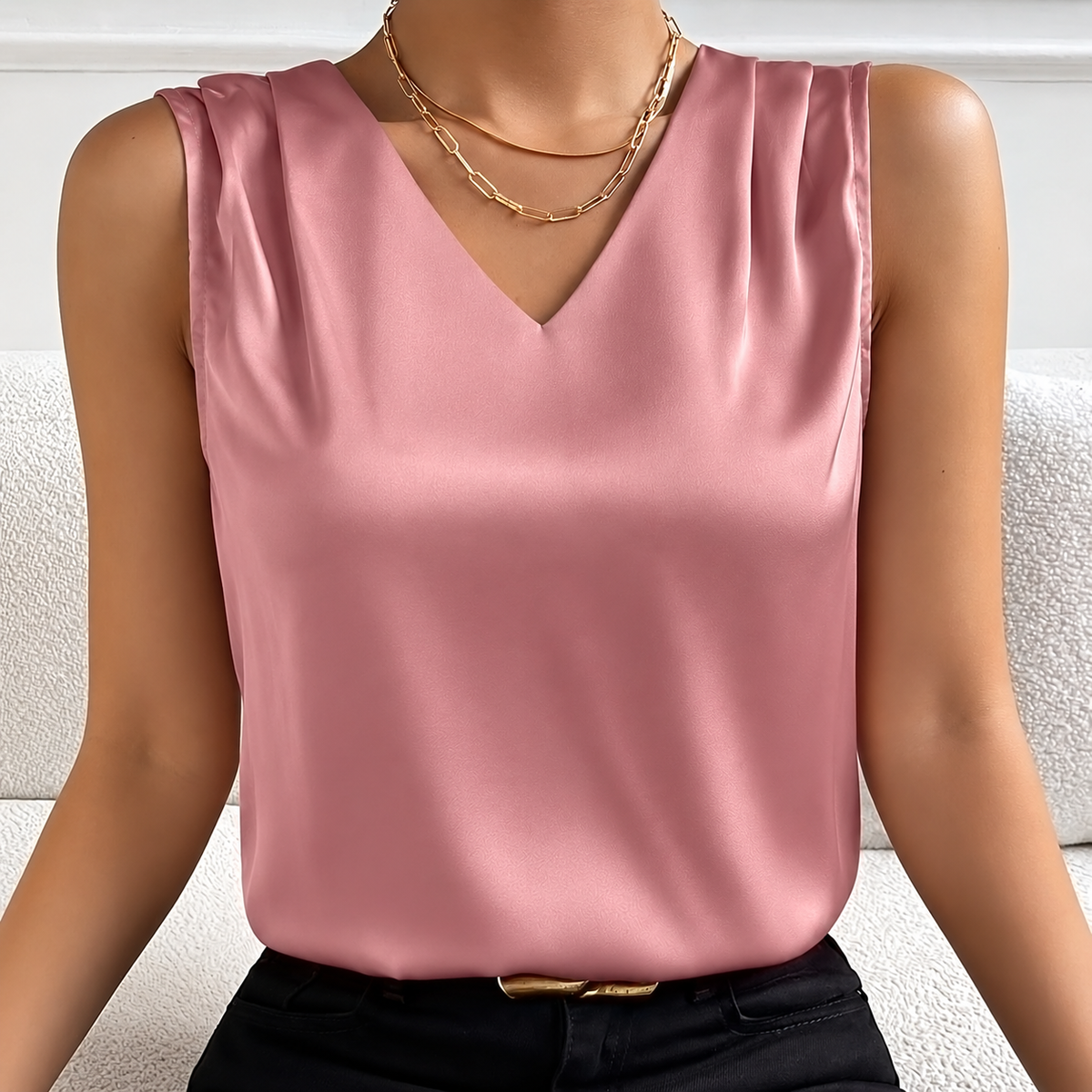 Women’s Sleeveless Blouse – V-Neck with Flowing Relaxed Cut