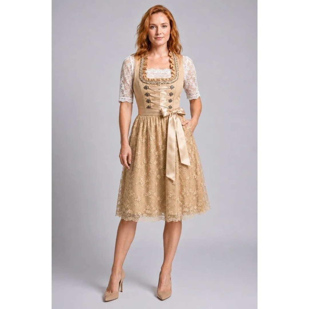 Women’s Lace Dirndl Midi Dress – Elegant Oktoberfest Style with Ribbon Waist