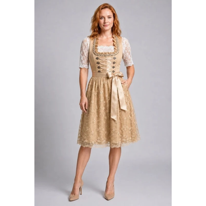 Women’s Lace Dirndl Midi Dress – Elegant Oktoberfest Style with Ribbon Waist
