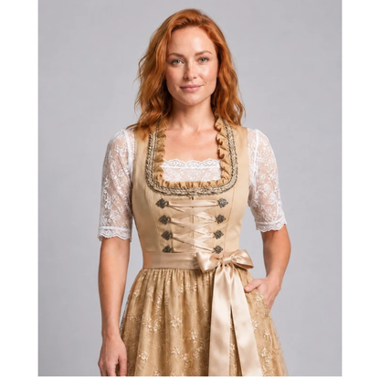 Women’s Lace Dirndl Midi Dress – Elegant Oktoberfest Style with Ribbon Waist