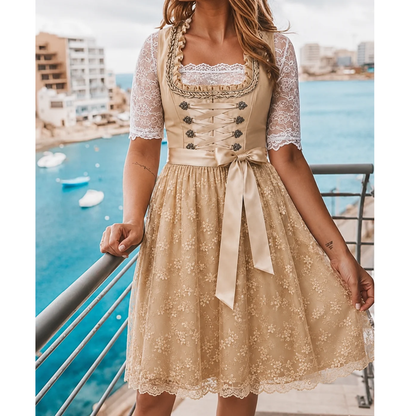 Women’s Lace Dirndl Midi Dress – Elegant Oktoberfest Style with Ribbon Waist