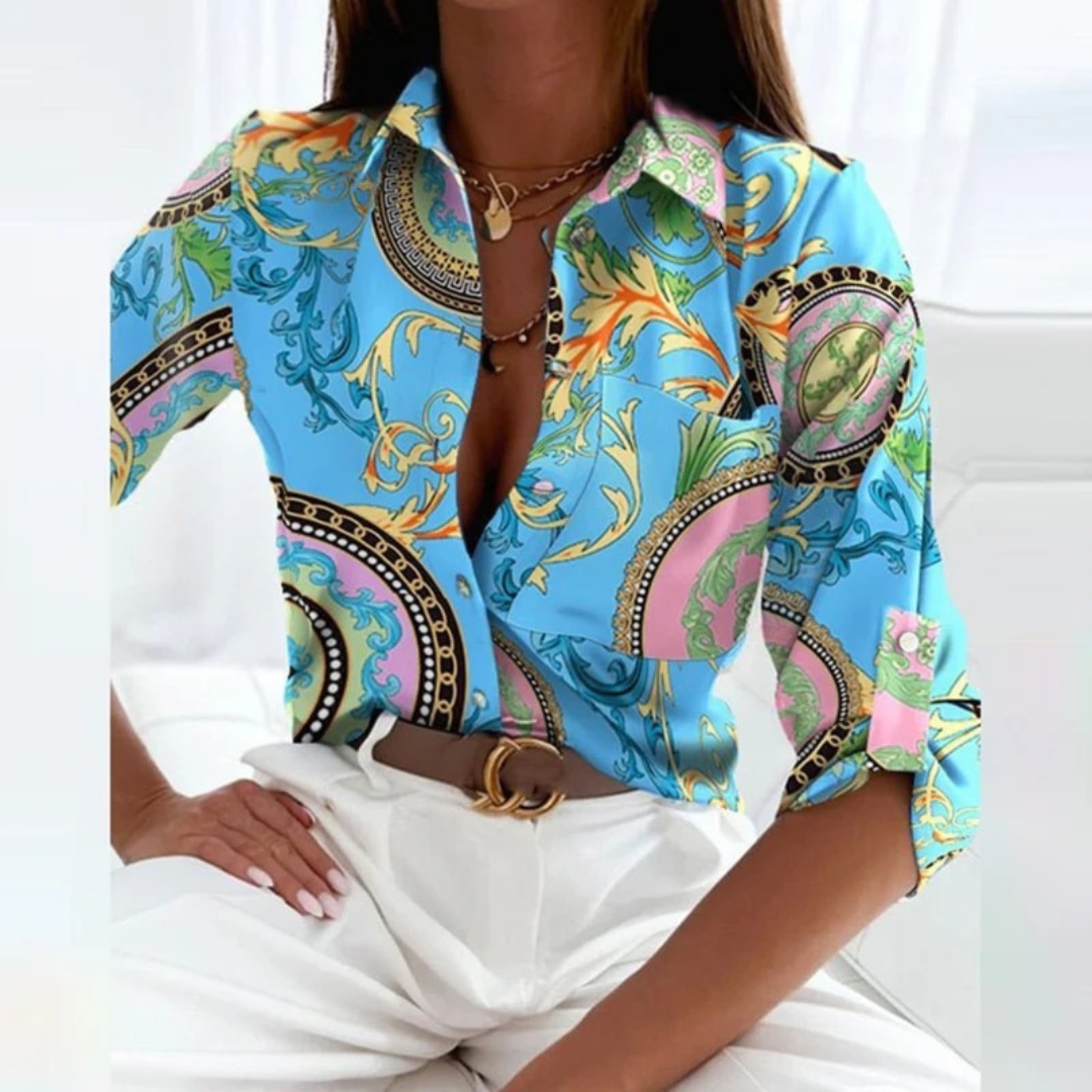 Women’s Printed Satin-Look Shirt Blouse – Relaxed Button-Up Style for Office and Occasion Wear