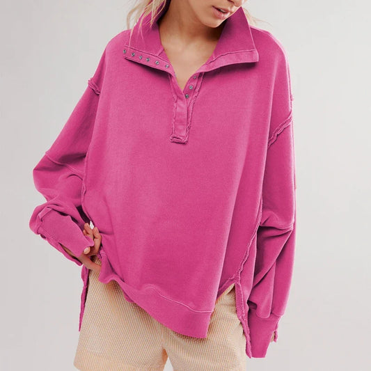 Women’s Oversized Henley Sweatshirt – Exposed-Seam Pullover with Balloon Sleeves