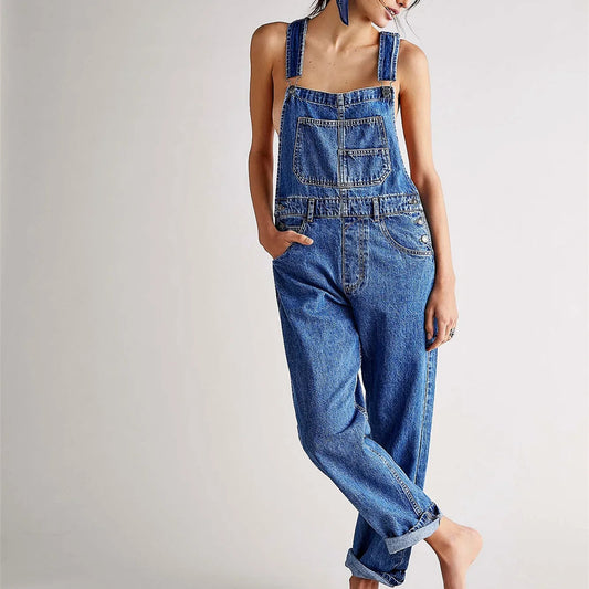 Women’s Stretch Denim Dungarees – Relaxed Utility Overalls for Casual Everyday Wear
