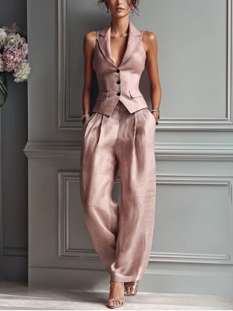 Women’s Wedding Guest Trouser Suit – Lapel Waistcoat and Pleated Wide-Leg Trousers for Summer Events