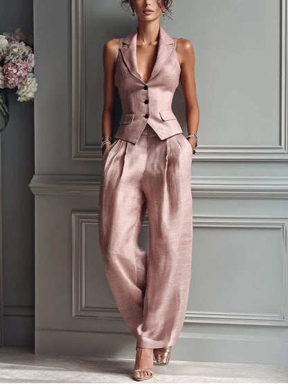 Women’s Wedding Guest Trouser Suit – Lapel Waistcoat and Pleated Wide-Leg Trousers for Summer Events