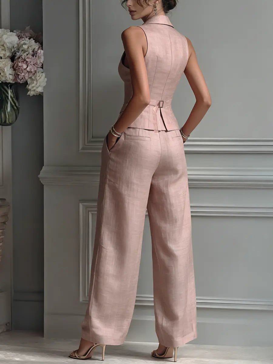 Women’s Wedding Guest Trouser Suit – Lapel Waistcoat and Pleated Wide-Leg Trousers for Summer Events