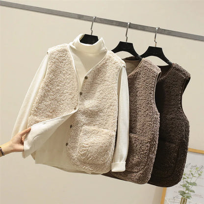 Women’s Teddy Fleece Gilet – Button Front with Patch Side Pockets