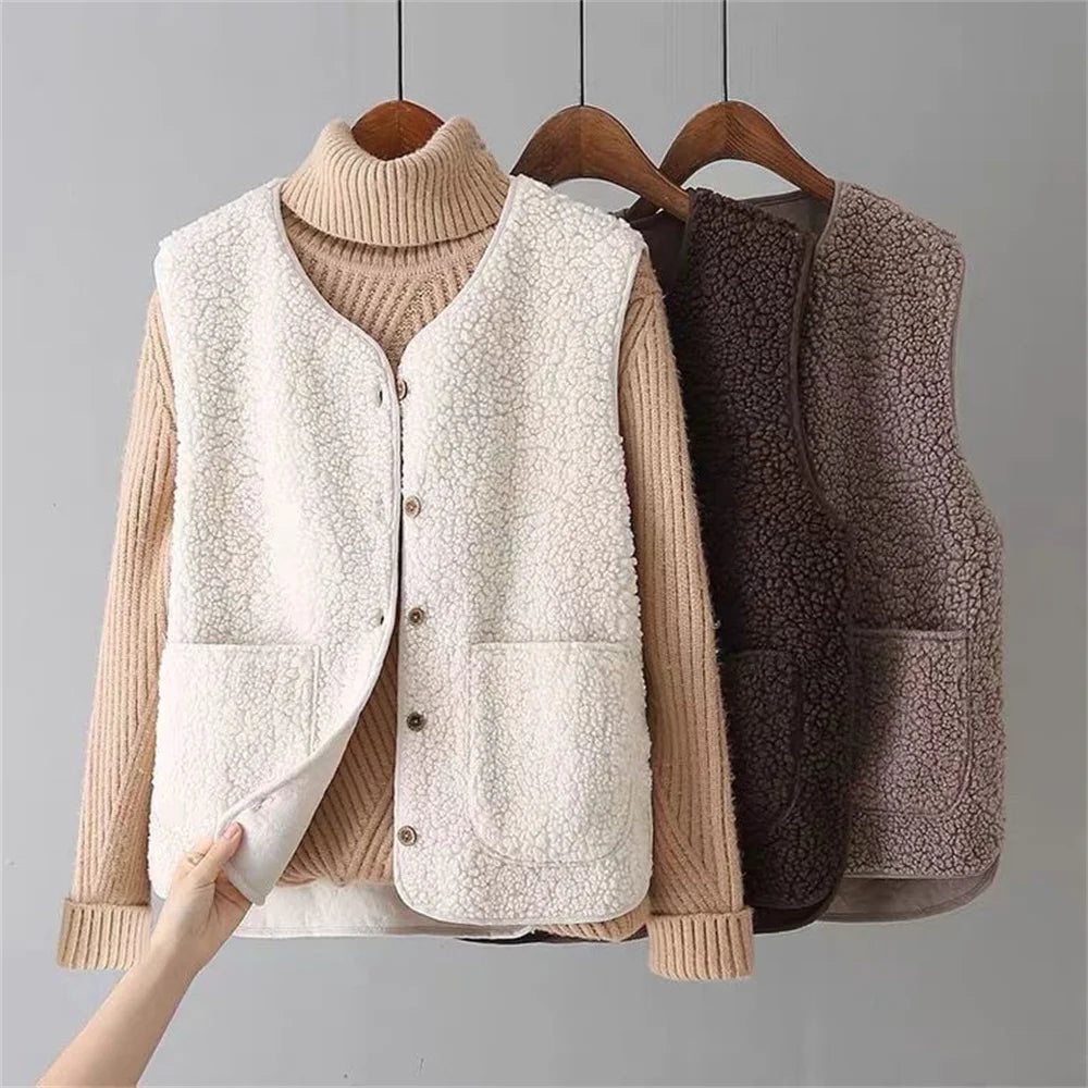 Women’s Teddy Fleece Gilet – Button Front with Patch Side Pockets