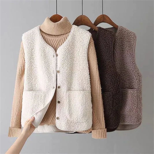 Women’s Teddy Fleece Gilet – Button Front with Patch Side Pockets
