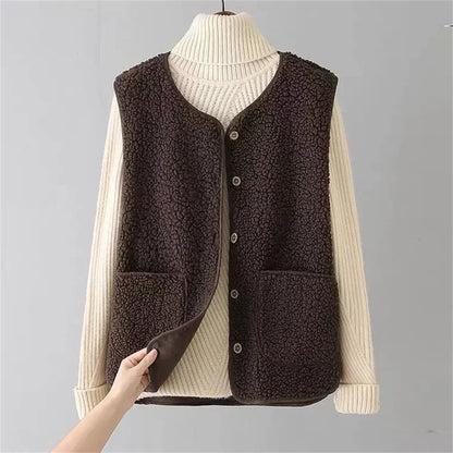 Women’s Teddy Fleece Gilet – Button Front with Patch Side Pockets