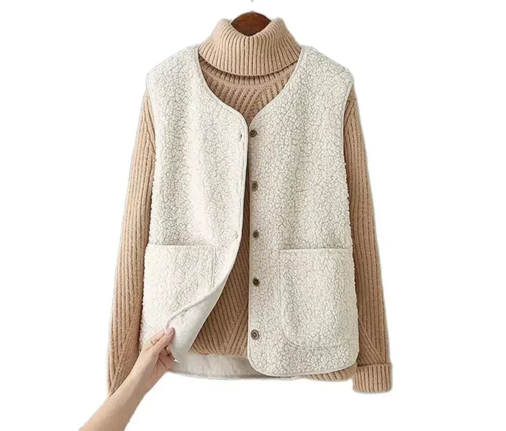 Women’s Teddy Fleece Gilet – Button Front with Patch Side Pockets