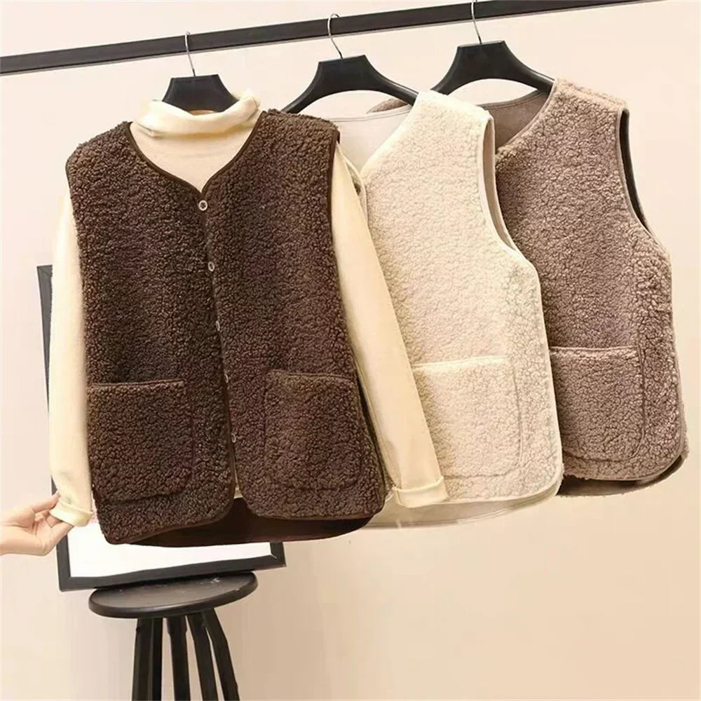 Women’s Teddy Fleece Gilet – Button Front with Patch Side Pockets