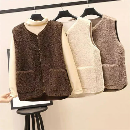 Women’s Teddy Fleece Gilet – Button Front with Patch Side Pockets