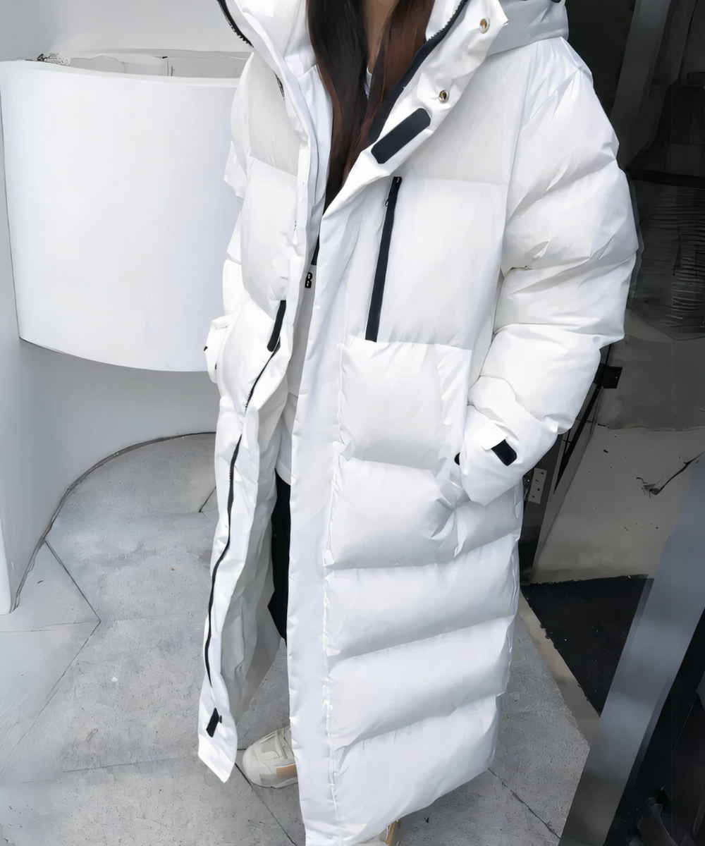 Women’s Longline Hooded Down Puffer Coat – Waterproof Winter Layer for Extreme Cold