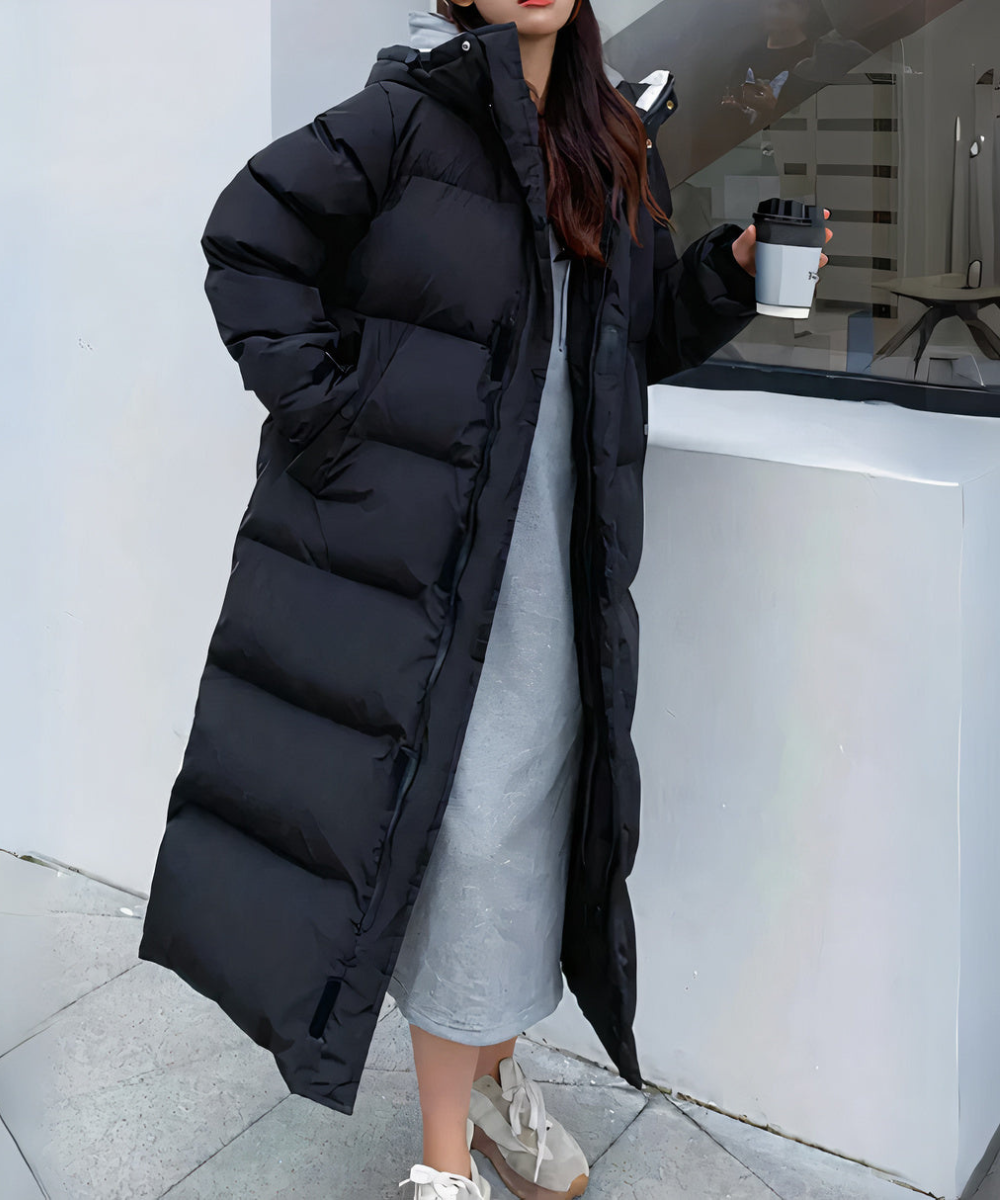 Women’s Longline Hooded Down Puffer Coat – Waterproof Winter Layer for Extreme Cold