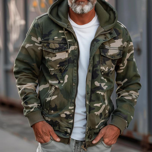 Men’s Printed Cargo Jacket – Weather-Resistant Hooded Utility Layer with Multi-Pocket Storage