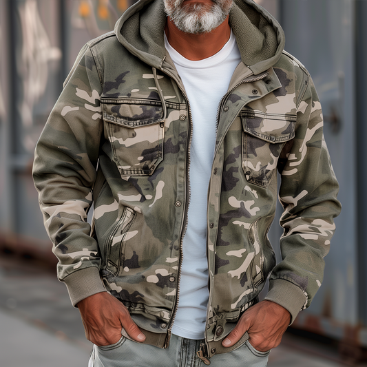 Men’s Printed Cargo Jacket – Weather-Resistant Hooded Utility Layer with Multi-Pocket Storage