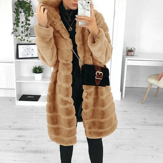 Women’s Hooded Faux-Fur Coat – Plush Longline Winter Layer with Soft Textured Finish for Cosy Cold-Weather Styling