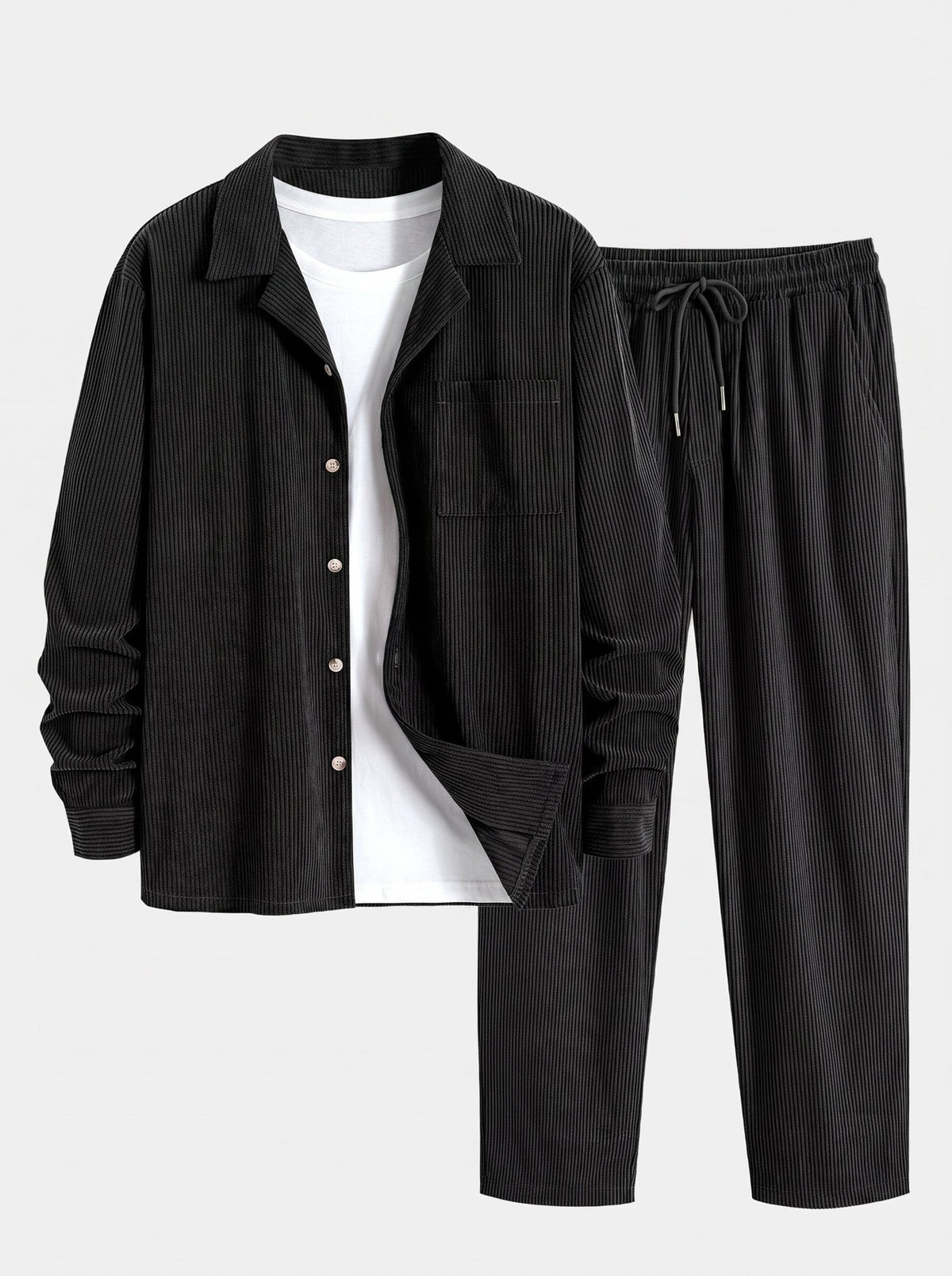 Men’s Cuban Collar Corduroy Set – Long-Sleeve Shirt and Straight Trousers for Cool-Weather Casual Style