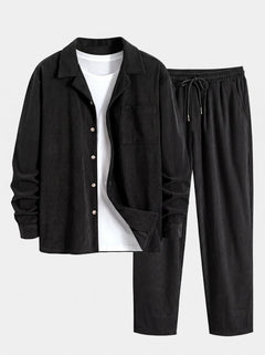 Men’s Cuban Collar Corduroy Set – Long-Sleeve Shirt and Straight Trousers for Cool-Weather Casual Style