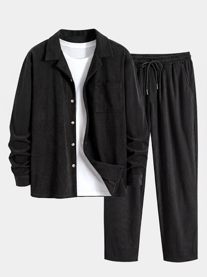 Men’s Cuban Collar Corduroy Set – Long-Sleeve Shirt and Straight Trousers for Cool-Weather Casual Style
