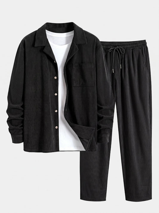 Men’s Cuban Collar Corduroy Set – Long-Sleeve Shirt and Straight Trousers for Cool-Weather Casual Style