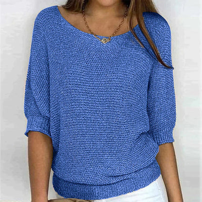 Women’s Textured Scoop-Neck Knit Top – Relaxed Three-Quarter Sleeve Style for Everyday Wear