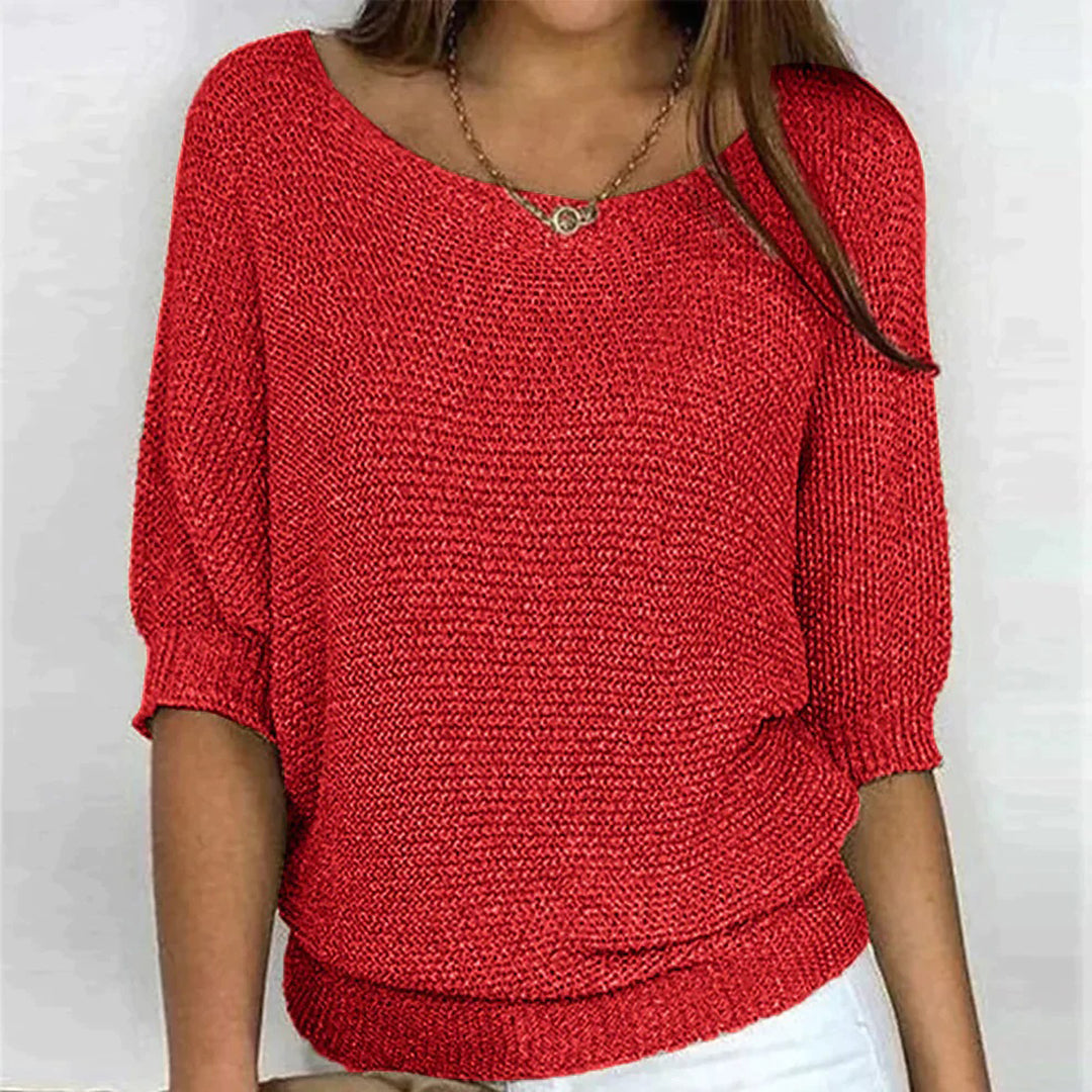 Women’s Textured Scoop-Neck Knit Top – Relaxed Three-Quarter Sleeve Style for Everyday Wear