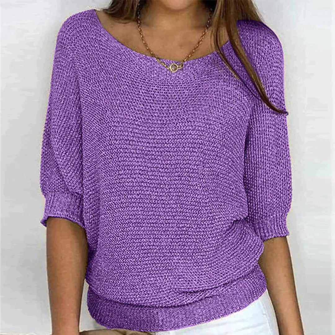 Women’s Textured Scoop-Neck Knit Top – Relaxed Three-Quarter Sleeve Style for Everyday Wear