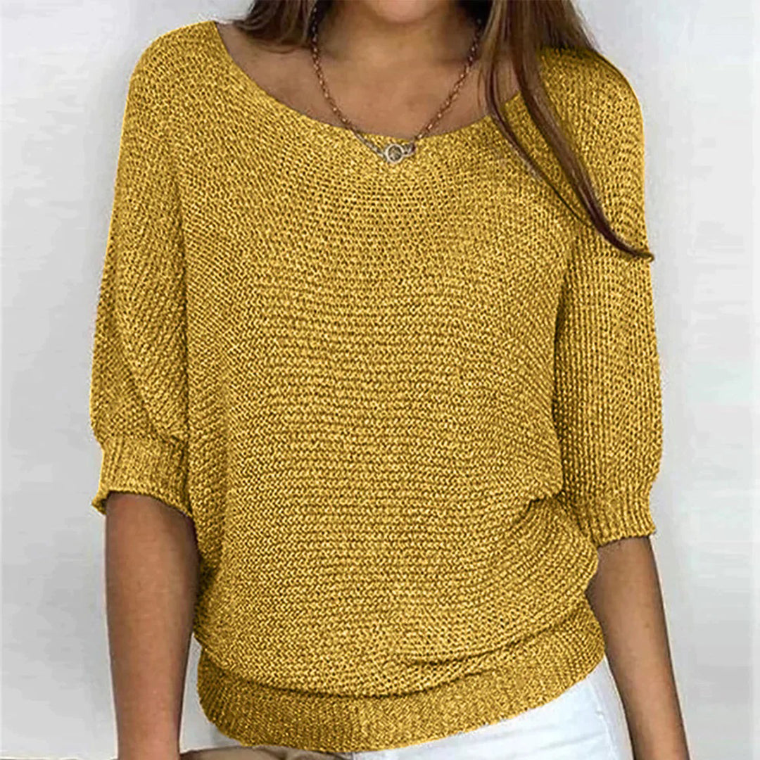 Women’s Textured Scoop-Neck Knit Top – Relaxed Three-Quarter Sleeve Style for Everyday Wear