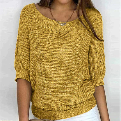 Women’s Textured Scoop-Neck Knit Top – Relaxed Three-Quarter Sleeve Style for Everyday Wear