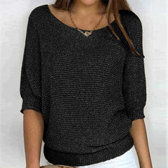 Women’s Textured Scoop-Neck Knit Top – Relaxed Three-Quarter Sleeve Style for Everyday Wear