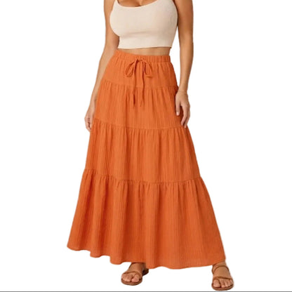 Women’s Tiered Boho Maxi Skirt – High-Waisted Elasticated Design with Button Front for Summer Holiday Wear