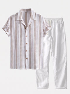 Men’s Mesh Cuban Shirt Co-Ord – Linen Blend Straight Trousers for Resort Wear