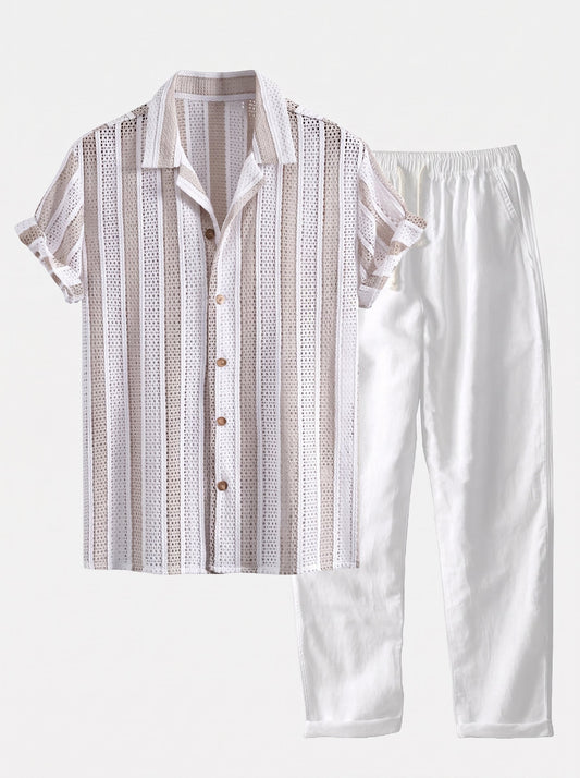 Men’s Mesh Cuban Shirt Co-Ord – Linen Blend Straight Trousers for Resort Wear