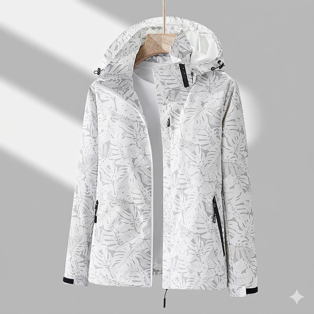 Women’s Lined Hooded Jacket – Tonal Leaf Pattern with Zip Pockets