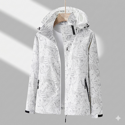 Women’s Lined Hooded Jacket – Tonal Leaf Pattern with Zip Pockets