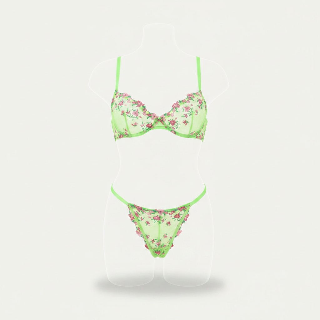 Women’s Embroidered Mesh Bra and Thong Set – Underwired Two-Piece Lingerie