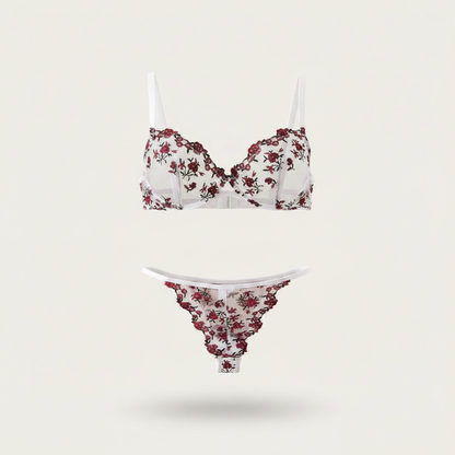 Women’s Embroidered Mesh Bra and Thong Set – Underwired Two-Piece Lingerie