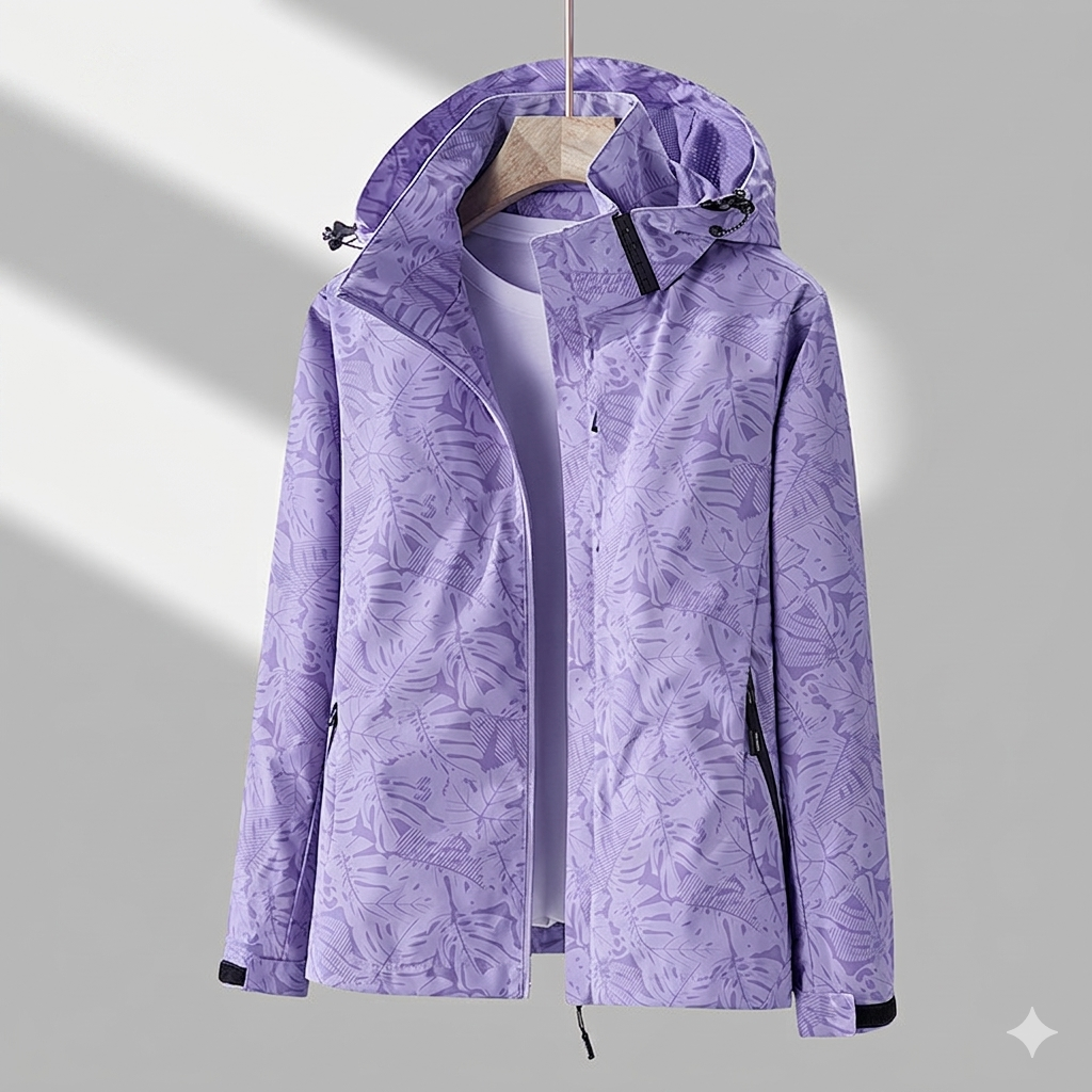 Women’s Lined Hooded Jacket – Tonal Leaf Pattern with Zip Pockets